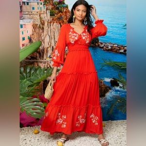 NWOT Vibrant Red Maxi Tiered Embroidered Button Front Peasant Dress -Sz L 8/10